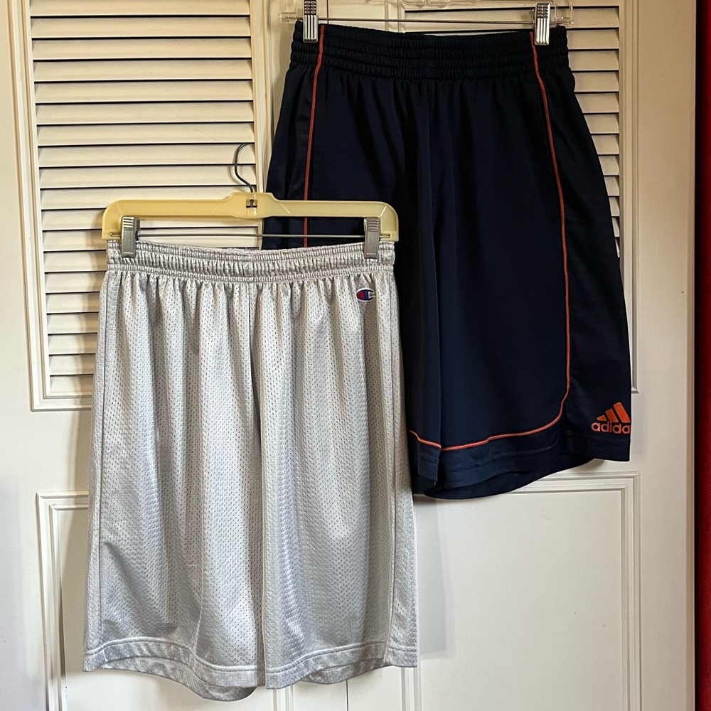 Bundle of 2 Men’s Long Athletic Shorts Navy Adidas and Gray Champion Sz M